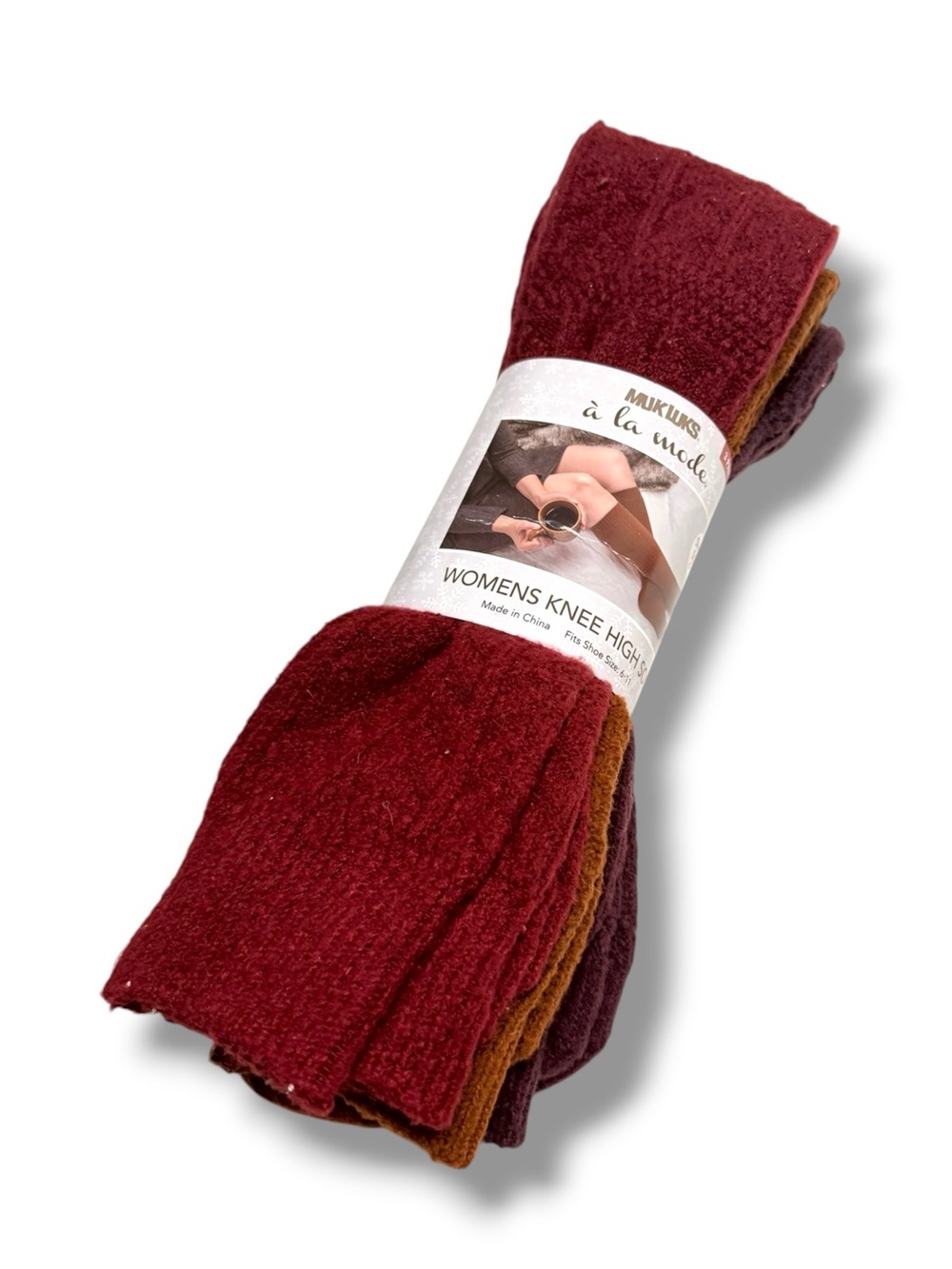 Muk Luks Knee High Socks 3 Pair Red Orange Purple